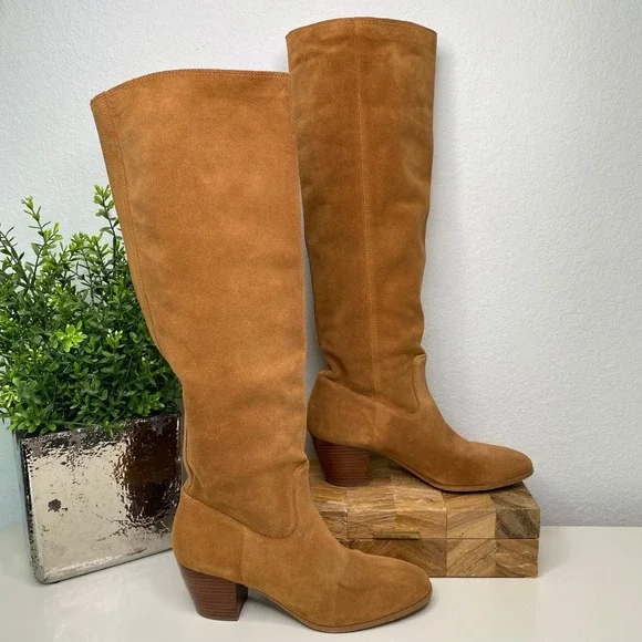 Michael Kors Avery Knee High Suede Leather Boots Stacked Heel Acorn Size 6-6.5 - Picture 1 of 14
